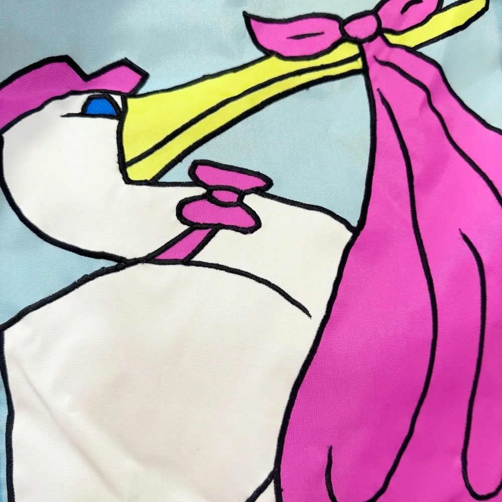 Vintage NWOT Nylon Embroidered Baby Shower Neon Stork Banner Flag